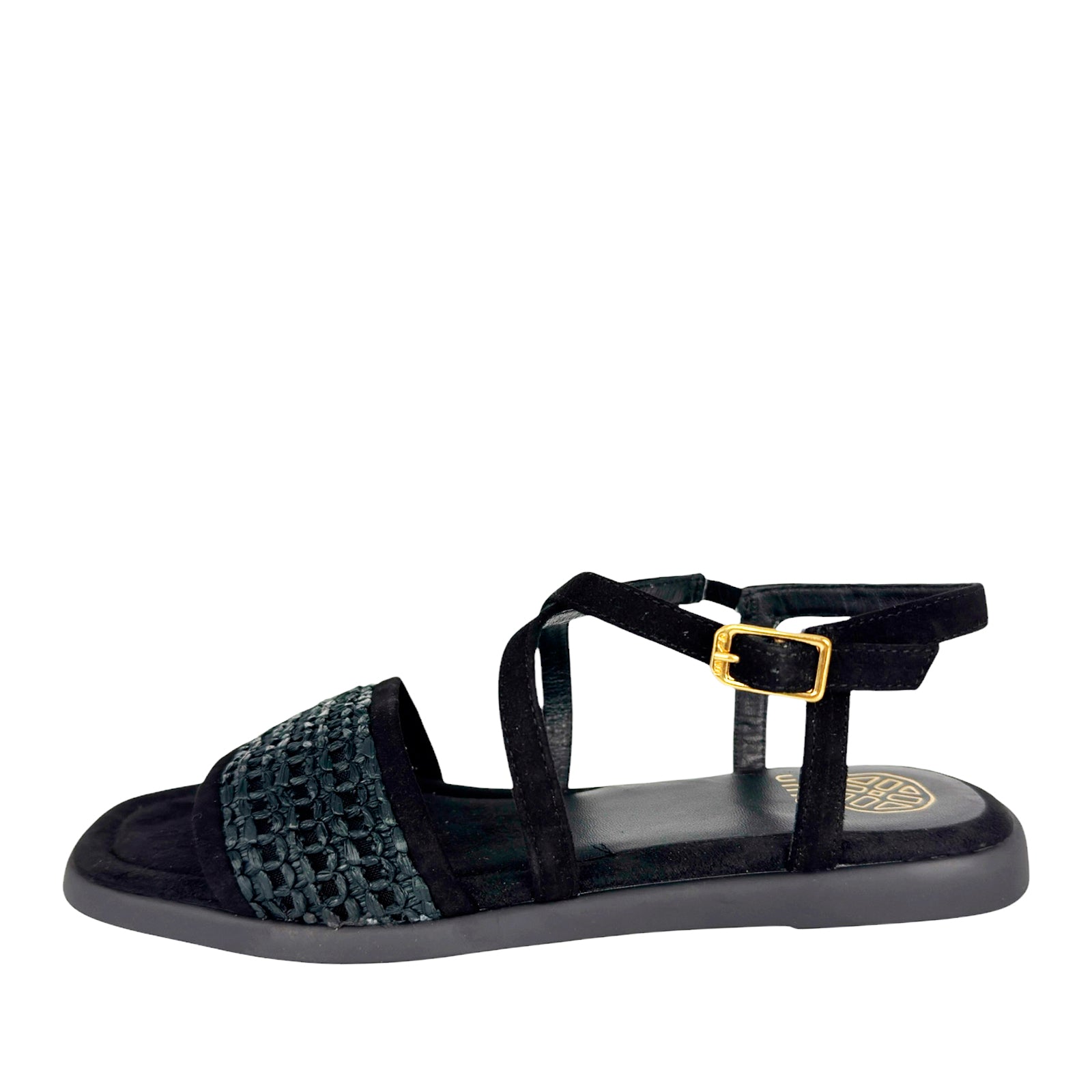 Unisa Cheval Sort Flad Sandal med Ankelrem og Flet Foran