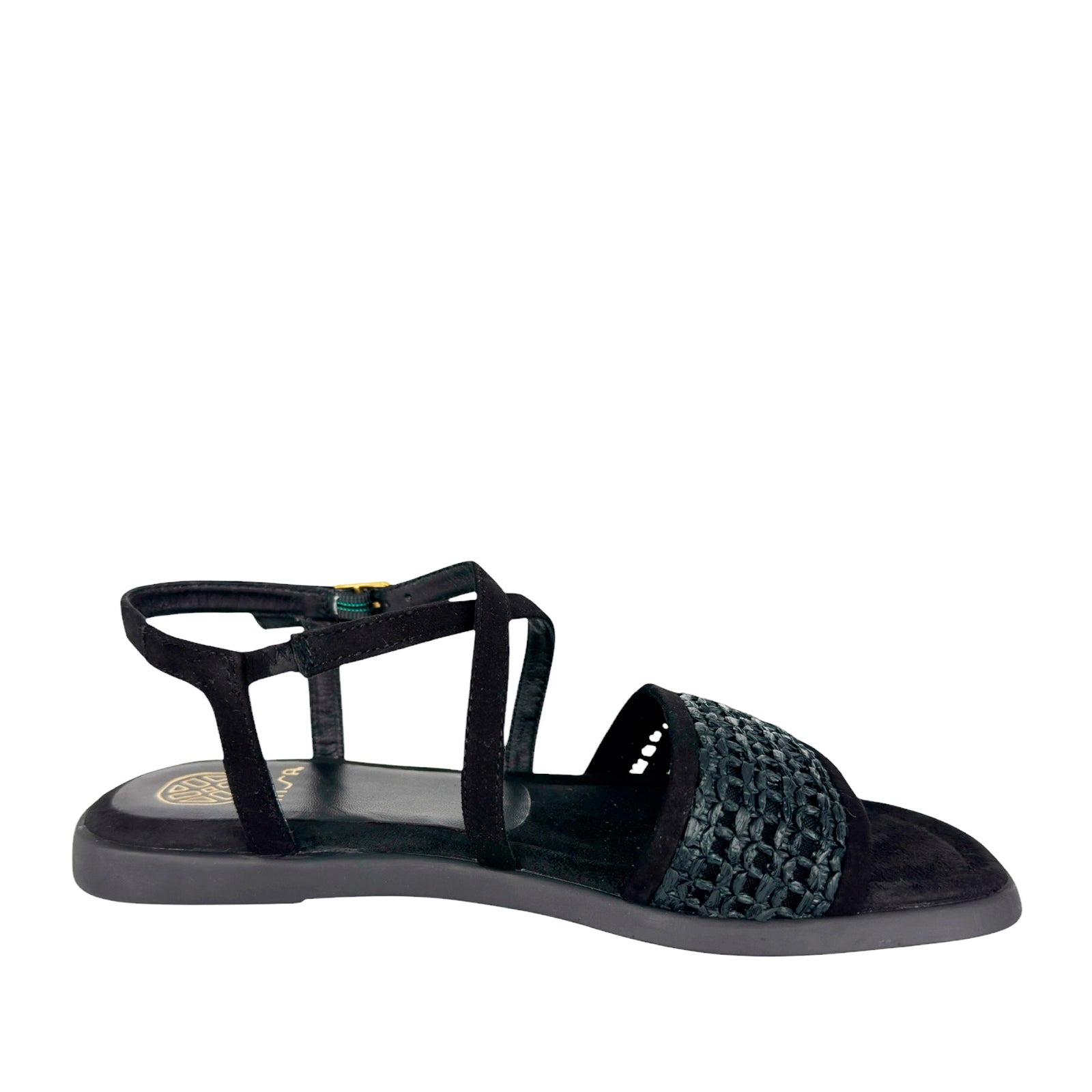 Unisa Cheval Sort Flad Sandal med Ankelrem og Flet Foran