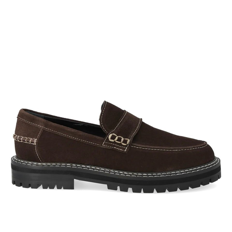 Angulus 1715 - 101 brun ruskind penny loafer med kontraststikninger