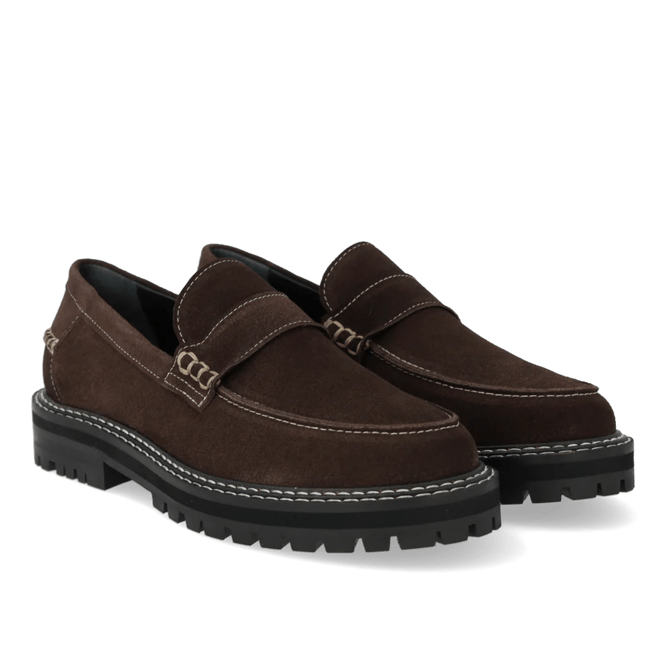 Angulus 1715 - 101 brun ruskind penny loafer med kontraststikninger