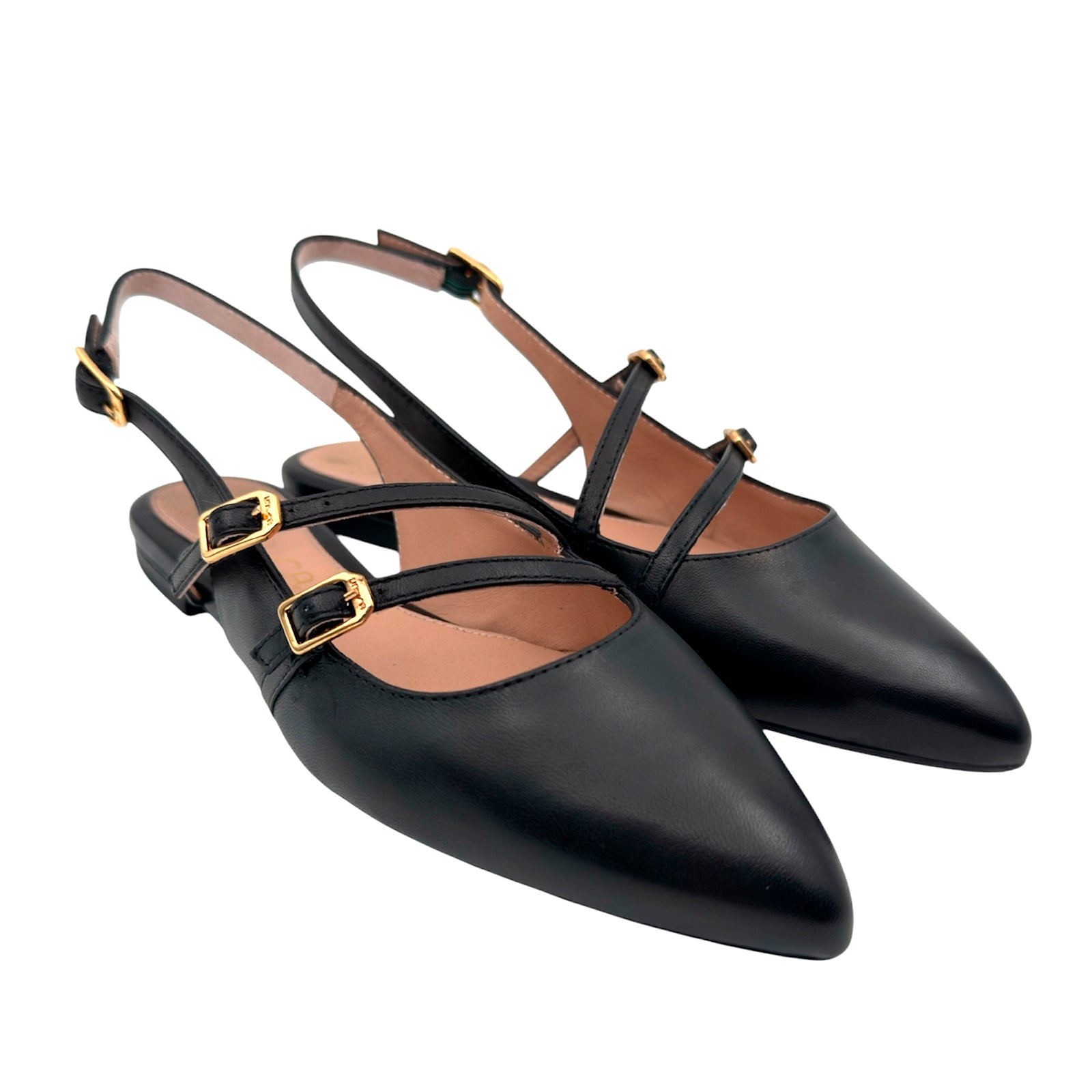 Unisa Alsip Sort flad slingback med 3 remme og spænder