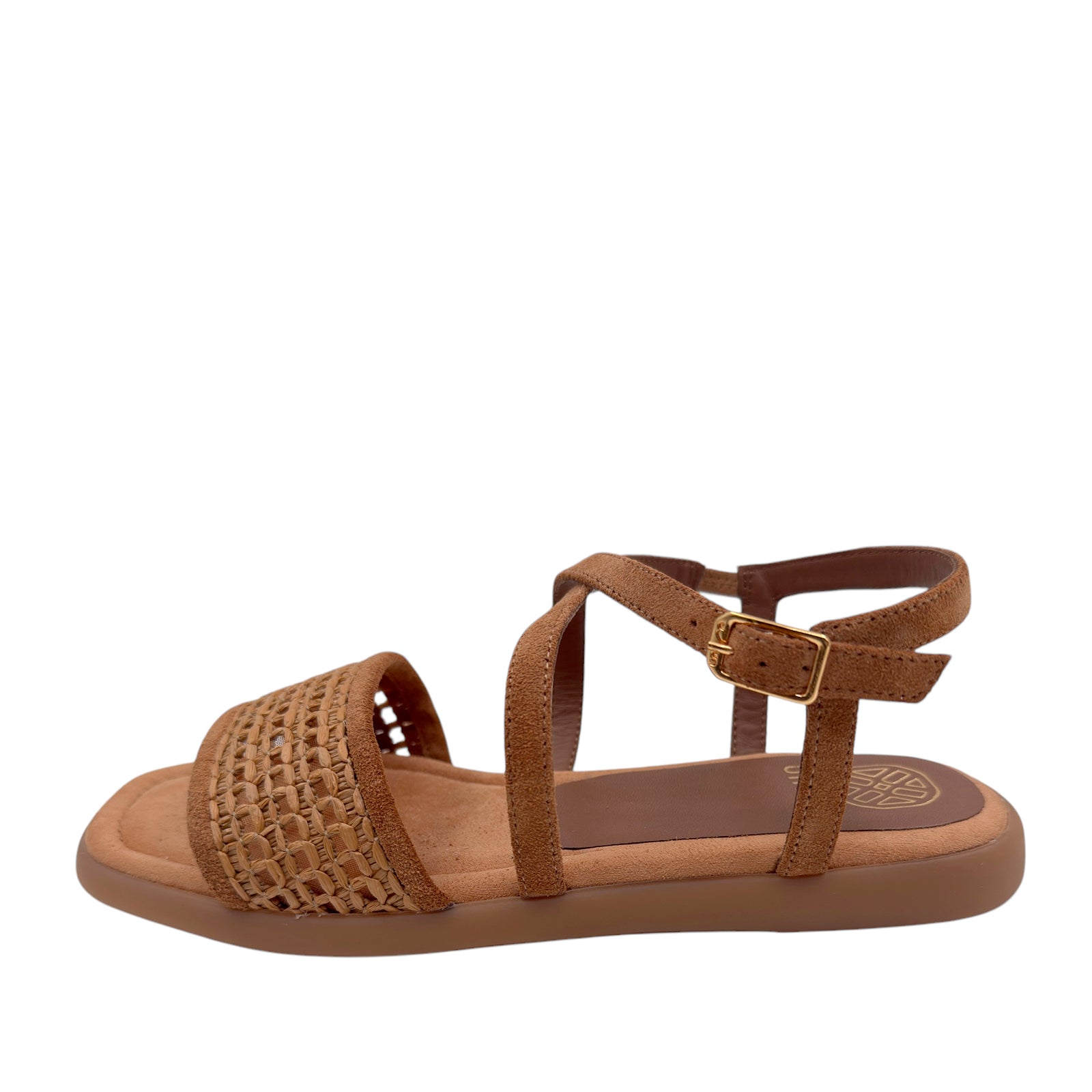 Unisa Cheval Cognac Flad Sandal med Ankelrem og Flet Foran
