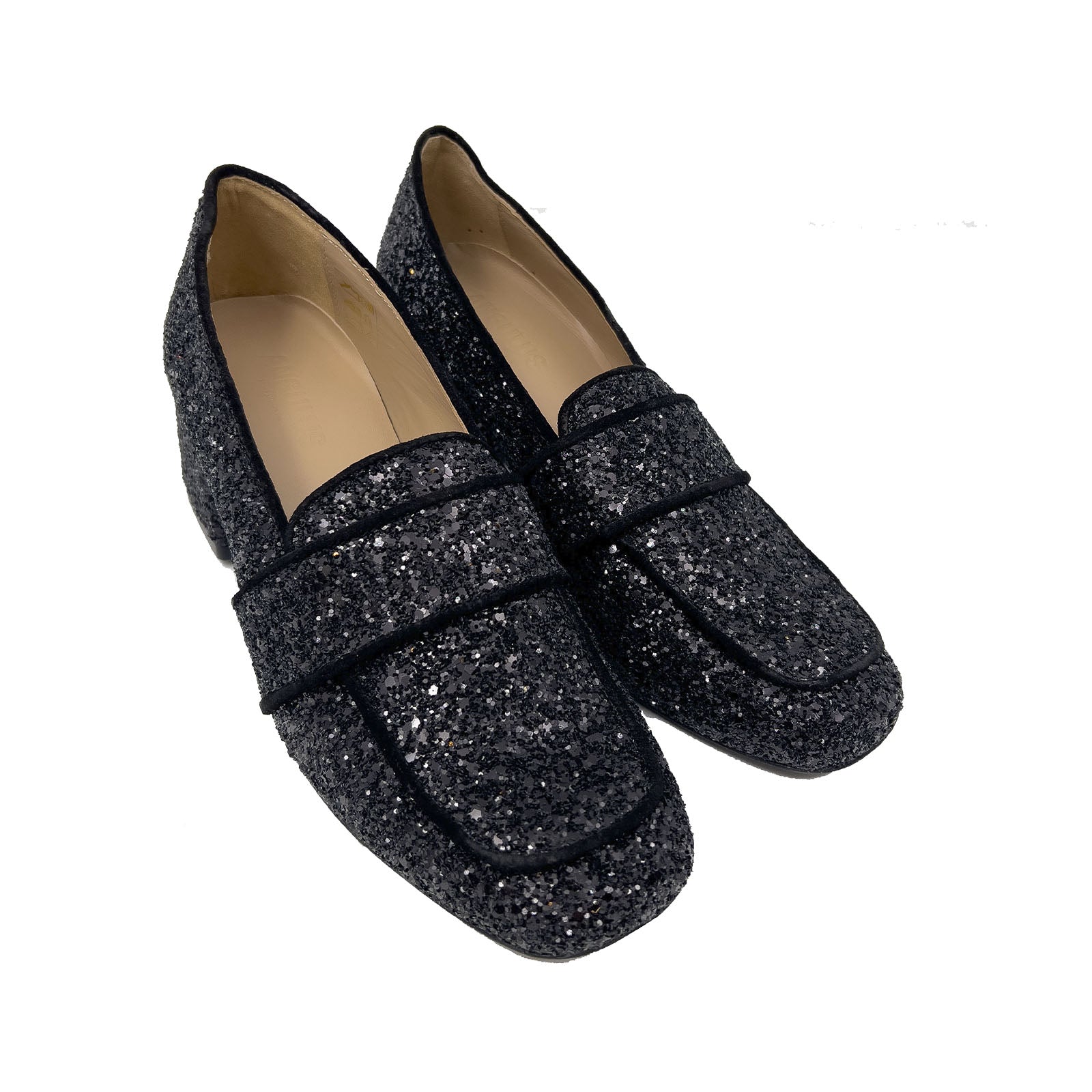Angulus 1647-101 Loafer sort glitter med hæl